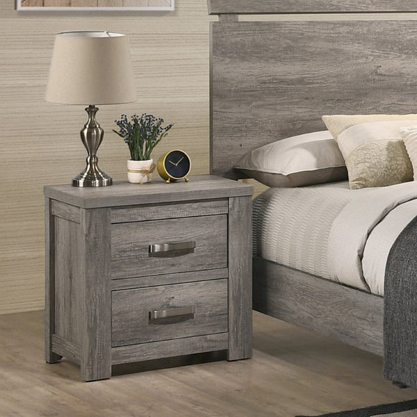 English Elm Floren Two Drawer Nightstand Weathered Wood Grain Finish with Brushed Nickel Pulls T2574P225147
