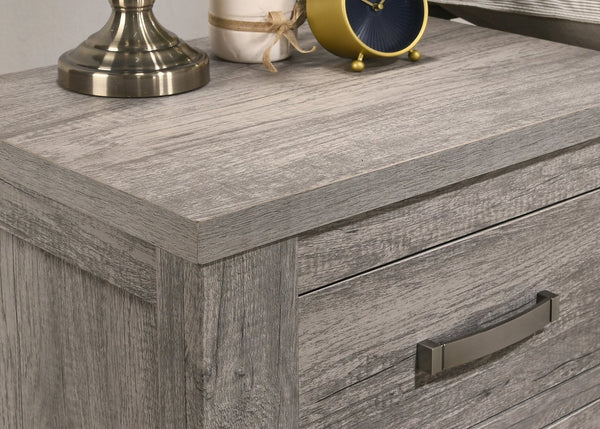 English Elm Floren Two Drawer Nightstand Weathered Wood Grain Finish with Brushed Nickel Pulls T2574P225147