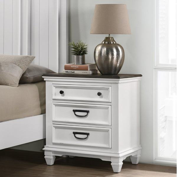 English Elm Clelane Farmhouse Nightstand with Three Drawers Carved Trim and Two-tone Wood Finish T2574P225175