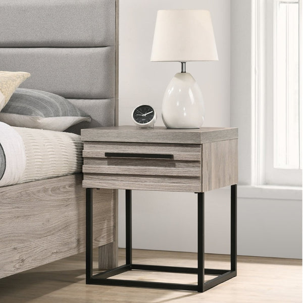 English Elm Alvear Slatted Drawer Nightstand with Black Metal Base for Modern Bedroom Decor T2574P225177