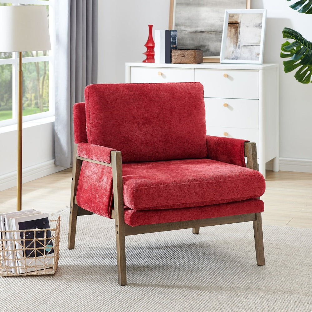 English Elm Kelly Velvet Accent Armchair with Rubberwood Legs Mid-century Living Room Seat Red T2574P240373