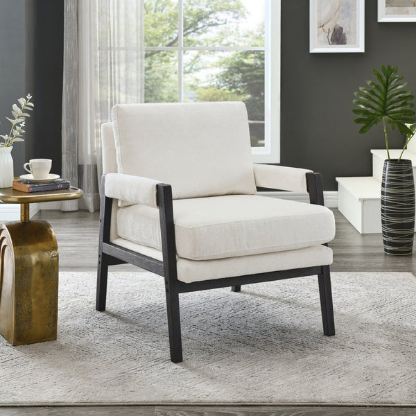 English Elm Kelly Barrel Accent Chair Chenille Upholstery Acacia Wood Legs Mid-century Living Room White T2574P240952