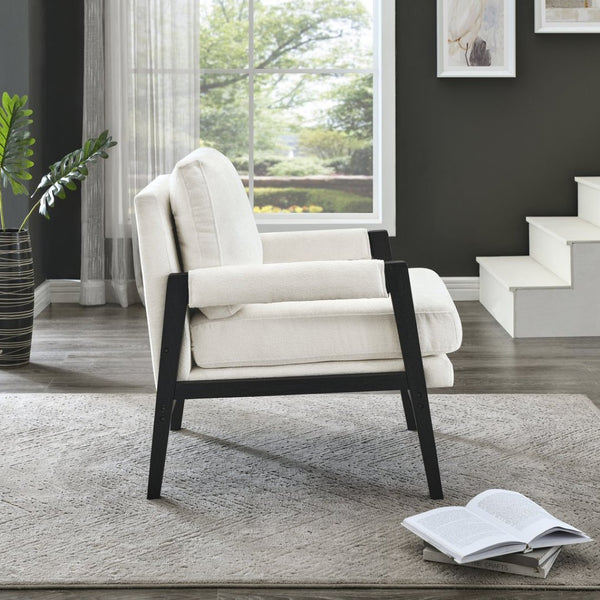 English Elm Kelly Barrel Accent Chair Chenille Upholstery Acacia Wood Legs Mid-century Living Room White T2574P240952