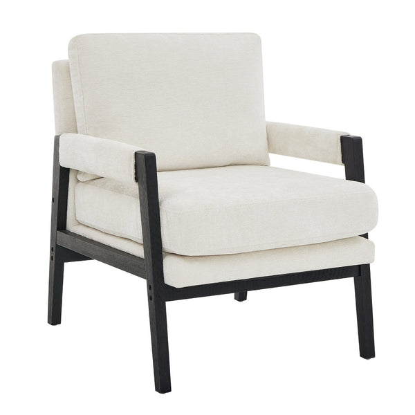English Elm Kelly Barrel Accent Chair Chenille Upholstery Acacia Wood Legs Mid-century Living Room White T2574P240952