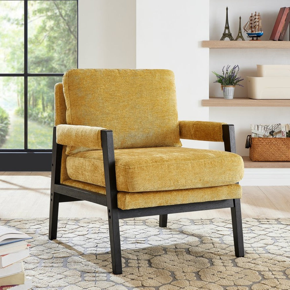 English Elm Kelly Barrel Accent Chair Chenille Upholstery Acacia Wood Legs Mid-century Living Room Yellow T2574P240953