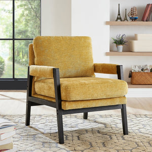 English Elm Kelly Barrel Accent Chair Chenille Upholstery Acacia Wood Legs Mid-century Living Room Yellow T2574P240953