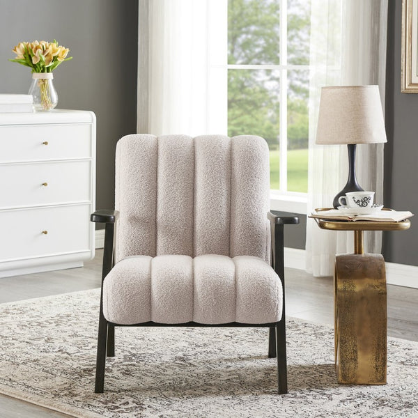 English Elm Rella Barrel Accent Chair Plush Sherpa Upholstery Espresso Wood Arms Living Room Beige T2574P241335