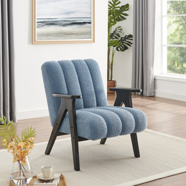 English Elm Rella Barrel Accent Chair Plush Sherpa Upholstery Espresso Wood Arms Living Room Blue T2574P241336