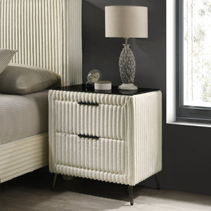 English Elm Mavela Corduroy Upholstered Nightstand with Two Drawers and Metal Legs for Modern Bedrooms Cream T2574P243651