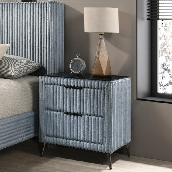 English Elm Mavela Corduroy Upholstered Nightstand with Two Drawers and Metal Legs for Modern Bedrooms Blue T2574P243652
