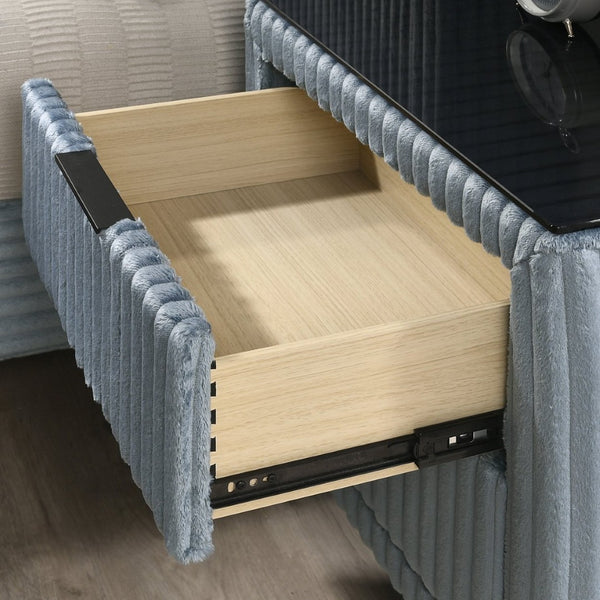 English Elm Mavela Corduroy Upholstered Nightstand with Two Drawers and Metal Legs for Modern Bedrooms Blue T2574P243652