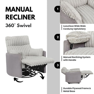 English Elm Bocaton Corduroy Swivel Manual Recliner with Pillow Arms Mid-century Living Room Chair Gray T2574P245445