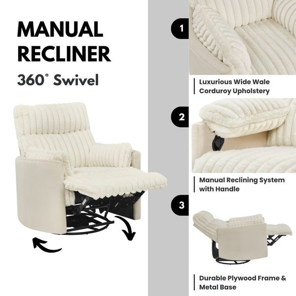 English Elm Bocaton Corduroy Swivel Manual Recliner with Pillow Arms Mid-century Living Room Chair White T2574P245446