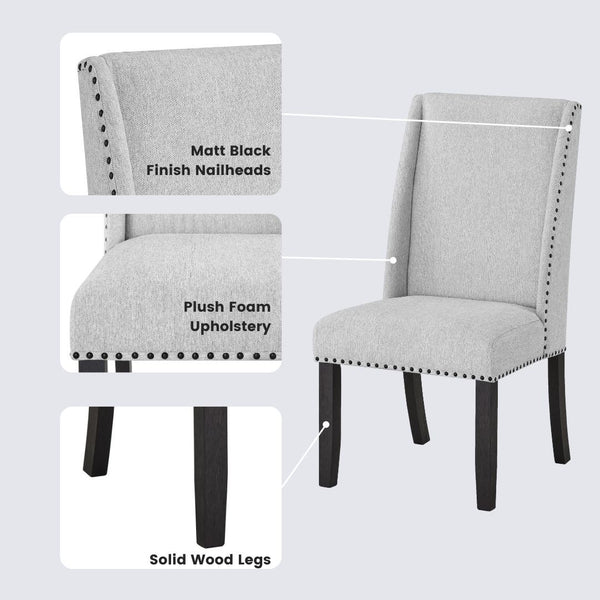 English Elm Hirima High Back Upholstered Dining Chair Set Nailhead Trim Gray Fabric Pair T2574P248596