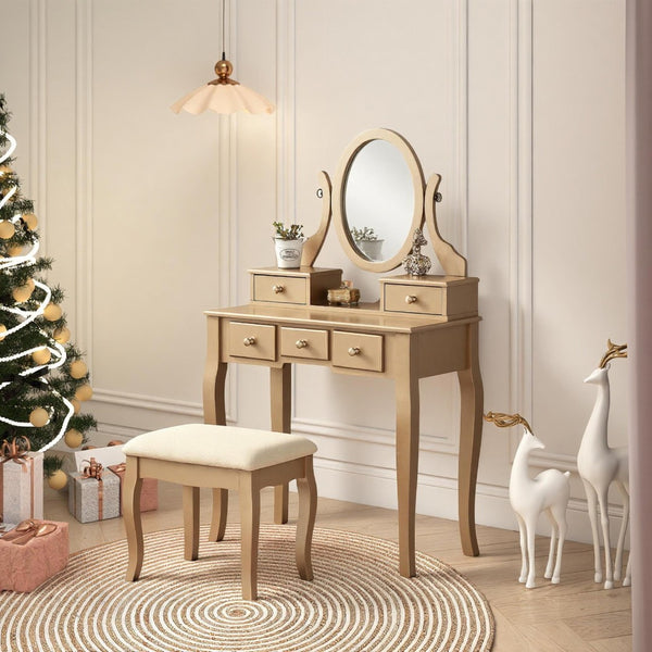 English Elm Ashley Solid Wood Makeup Vanity Set with Tri Mirror Five Drawers and Upholstered Stool Gold T2574P265586