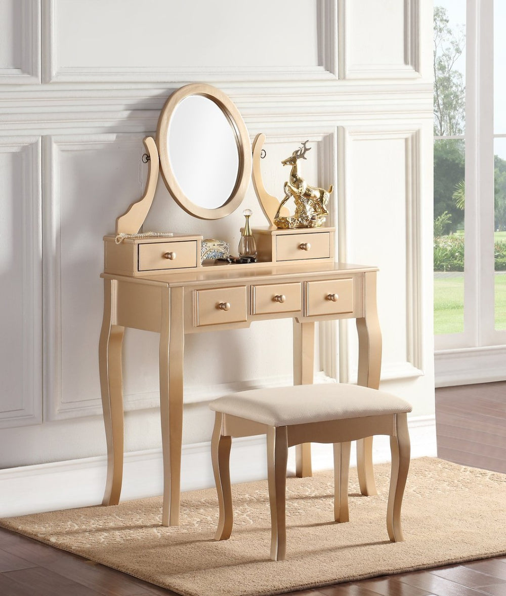 English Elm Ashley Solid Wood Makeup Vanity Set with Tri Mirror Five Drawers and Upholstered Stool Gold T2574P265586