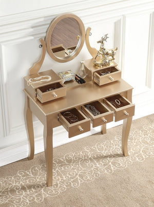 English Elm Ashley Solid Wood Makeup Vanity Set with Tri Mirror Five Drawers and Upholstered Stool Gold T2574P265586