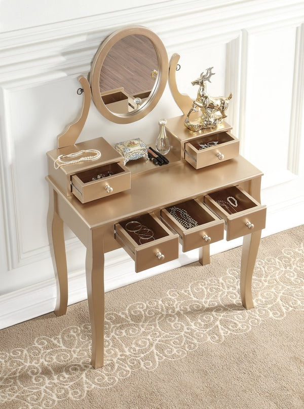 English Elm Ashley Solid Wood Makeup Vanity Set with Tri Mirror Five Drawers and Upholstered Stool Gold T2574P265586