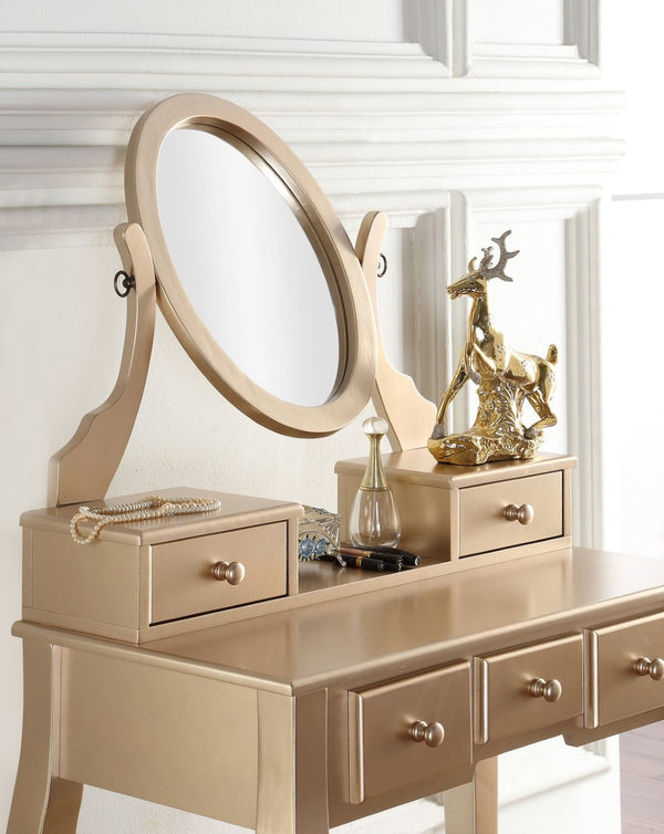 English Elm Ashley Solid Wood Makeup Vanity Set with Tri Mirror Five Drawers and Upholstered Stool Gold T2574P265586