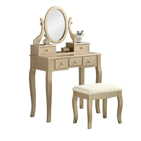 English Elm Ashley Solid Wood Makeup Vanity Set with Tri Mirror Five Drawers and Upholstered Stool Gold T2574P265586
