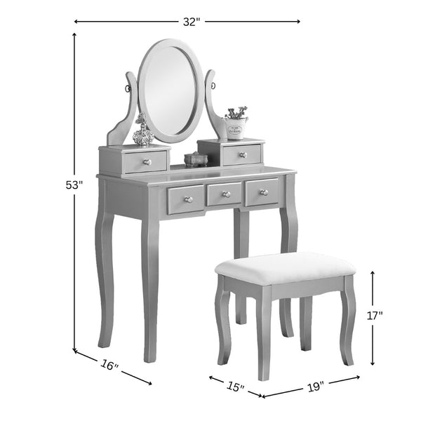 English Elm Ashley Solid Wood Makeup Vanity Set with Tri Mirror Five Drawers and Upholstered Stool Gold T2574P265586