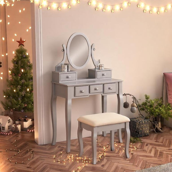 English Elm Ashley Solid Wood Makeup Vanity Set with Tri Mirror Five Drawers and Upholstered Stool Silver T2574P265587