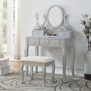 English Elm Ashley Solid Wood Makeup Vanity Set with Tri Mirror Five Drawers and Upholstered Stool Silver T2574P265587