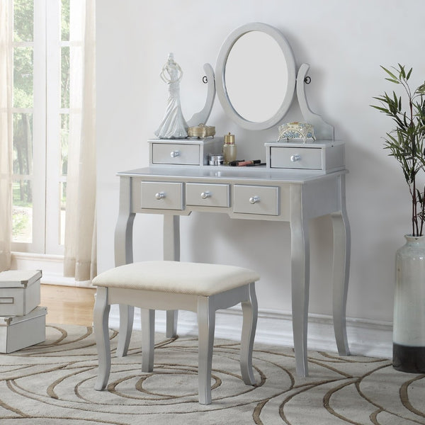English Elm Ashley Solid Wood Makeup Vanity Set with Tri Mirror Five Drawers and Upholstered Stool Silver T2574P265587