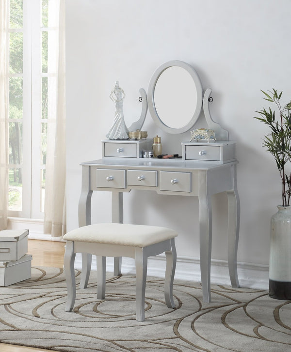 English Elm Ashley Solid Wood Makeup Vanity Set with Tri Mirror Five Drawers and Upholstered Stool Silver T2574P265587