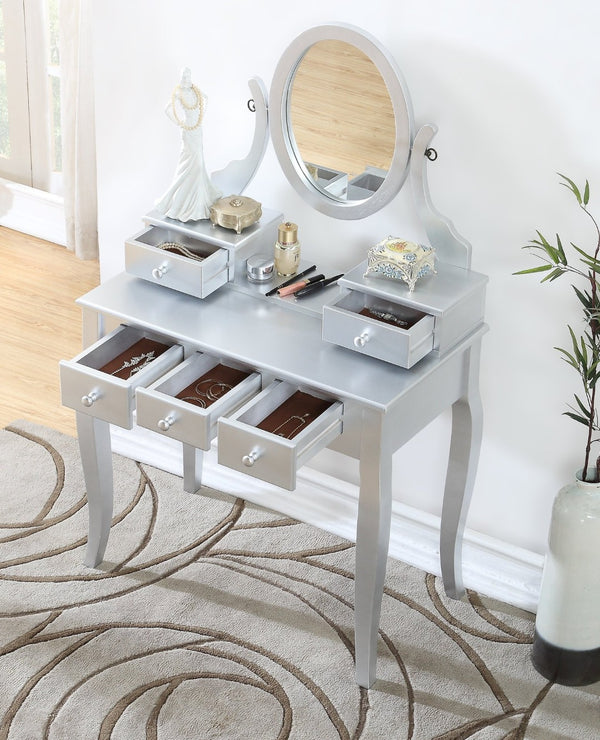 English Elm Ashley Solid Wood Makeup Vanity Set with Tri Mirror Five Drawers and Upholstered Stool Silver T2574P265587