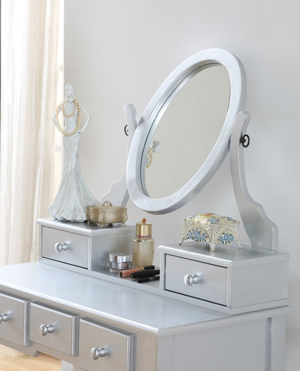 English Elm Ashley Solid Wood Makeup Vanity Set with Tri Mirror Five Drawers and Upholstered Stool Silver T2574P265587