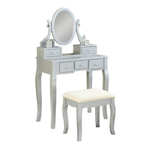English Elm Ashley Solid Wood Makeup Vanity Set with Tri Mirror Five Drawers and Upholstered Stool Silver T2574P265587