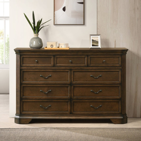 English Elm Maderne Nine Drawer Dresser Solid Wood Distressed Walnut Dovetail Bedroom Storage T2574P387065