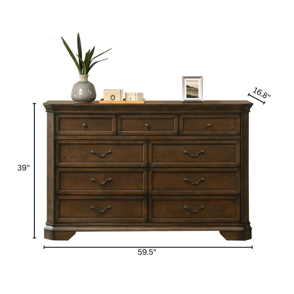 English Elm Maderne Nine Drawer Dresser Solid Wood Distressed Walnut Dovetail Bedroom Storage T2574P387065