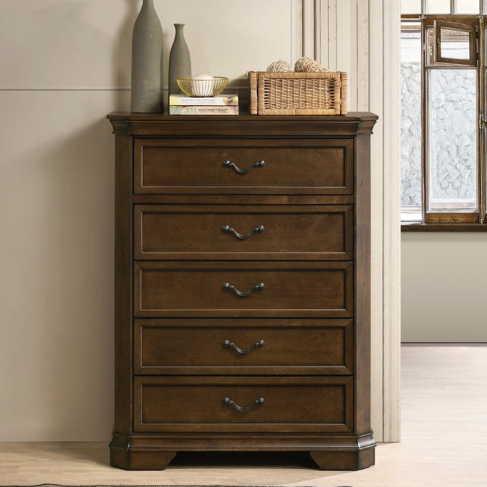 English Elm Maderne Antique Walnut Five Drawer Chest with Dovetail Joinery and Pewter Pulls T2574P387066