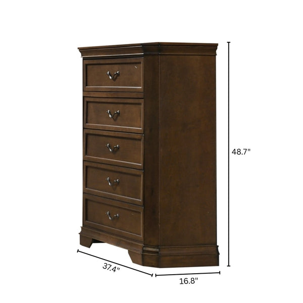 English Elm Maderne Antique Walnut Five Drawer Chest with Dovetail Joinery and Pewter Pulls T2574P387066