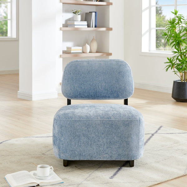 English Elm Solara Contemporary Chenille Accent Chair Sculptural Open Frame Acacia Wood Base Blue T2574P421152