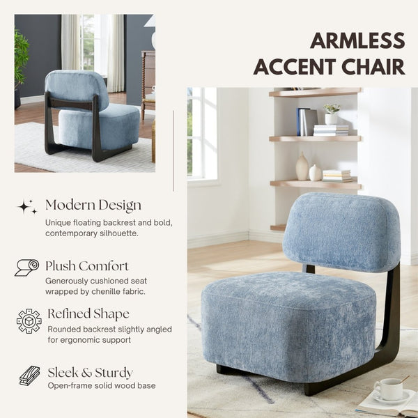 English Elm Solara Contemporary Chenille Accent Chair Sculptural Open Frame Acacia Wood Base Blue T2574P421152