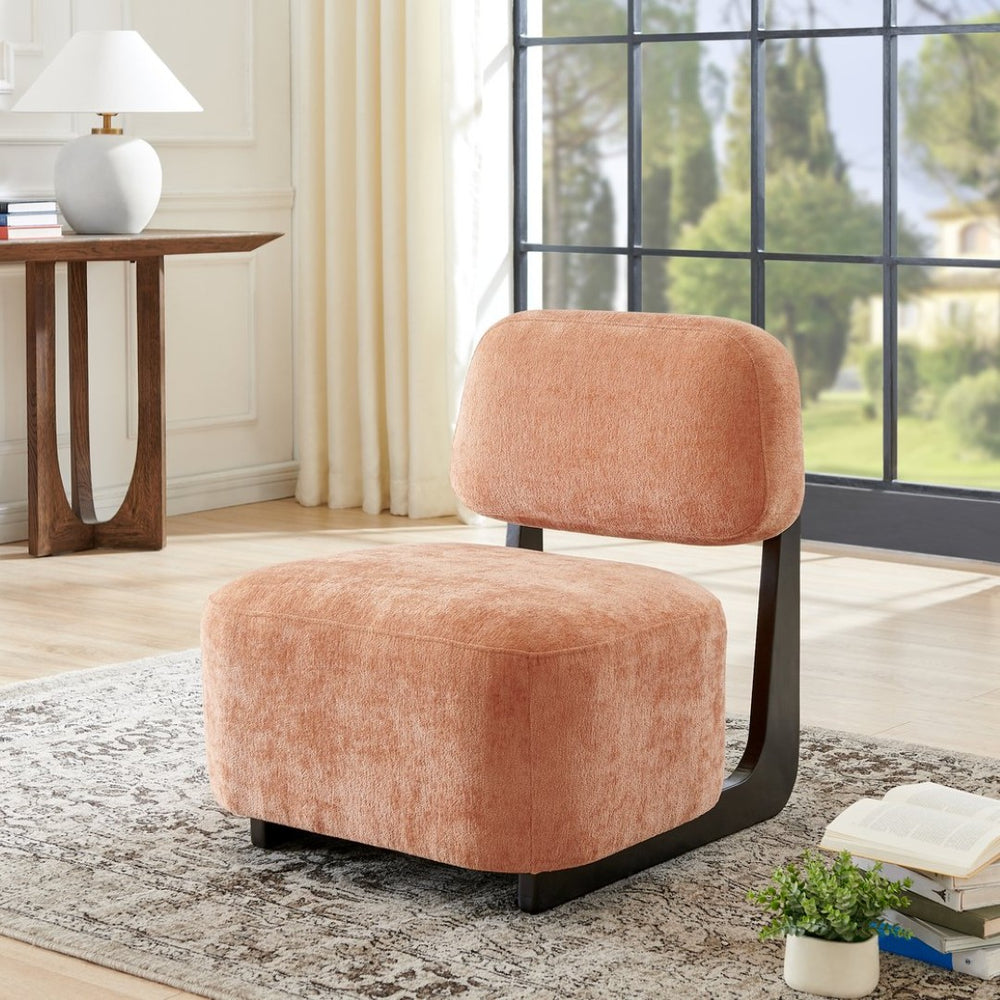 English Elm Solara Contemporary Chenille Accent Chair Sculptural Open Frame Acacia Wood Base Orange T2574P421153