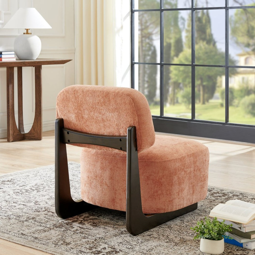 English Elm Solara Contemporary Chenille Accent Chair Sculptural Open Frame Acacia Wood Base Orange T2574P421153