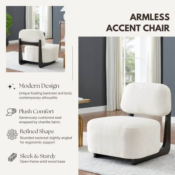 English Elm Solara Contemporary Chenille Accent Chair Sculptural Open Frame Acacia Wood Base White T2574P421154