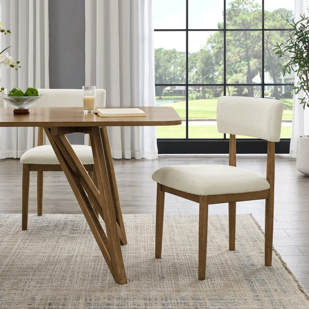 English Elm Ellis Boucle Upholstered Dining Chairs Set of Two with Curved Backrest Solid Wood Frame Oak Natural Wood + OFF White T2574P427261