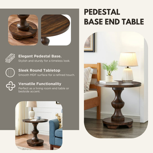 English Elm Caesar Sculptural Pedestal Round End Table Warm Finish Artisan Quality Living Room Accent Espresso T2574P427908