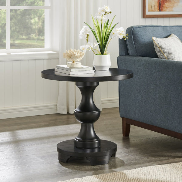 English Elm Caesar Sculptural Pedestal Round End Table Warm Finish Artisan Quality Living Room Accent Black T2574P427909