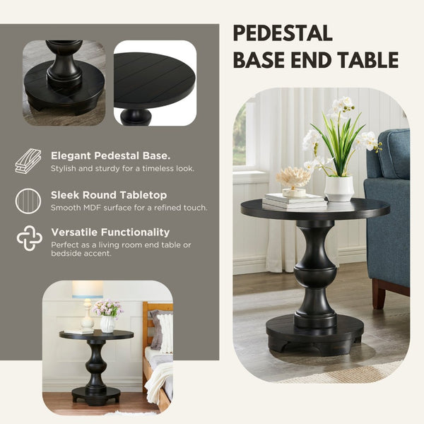 English Elm Caesar Sculptural Pedestal Round End Table Warm Finish Artisan Quality Living Room Accent Black T2574P427909