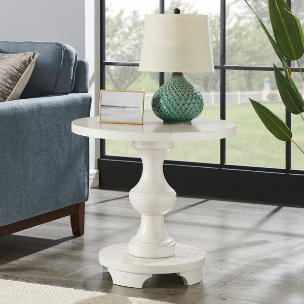 English Elm Caesar Sculptural Pedestal Round End Table Warm Finish Artisan Quality Living Room Accent White T2574P427910