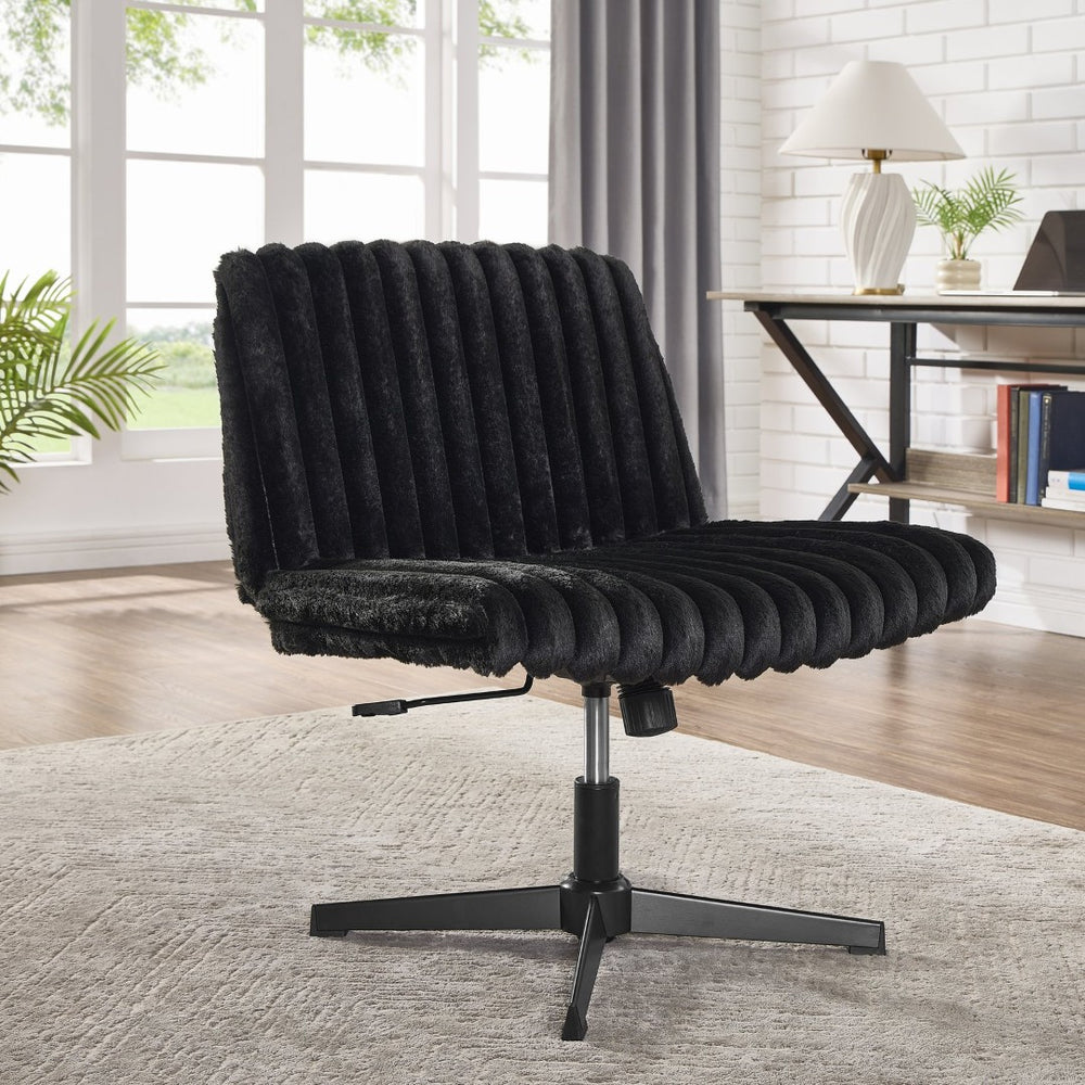 English Elm Blynn Wide Faux Fur Swivel Vanity Chair with Adjustable Height Steel Frame Black T2574P427913