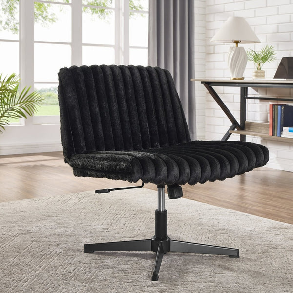 English Elm Blynn Wide Faux Fur Swivel Vanity Chair with Adjustable Height Steel Frame Black T2574P427913