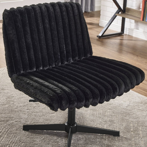 English Elm Blynn Wide Faux Fur Swivel Vanity Chair with Adjustable Height Steel Frame Black T2574P427913
