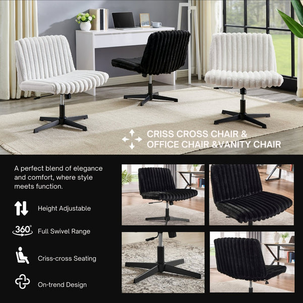 English Elm Blynn Wide Faux Fur Swivel Vanity Chair with Adjustable Height Steel Frame Black T2574P427913